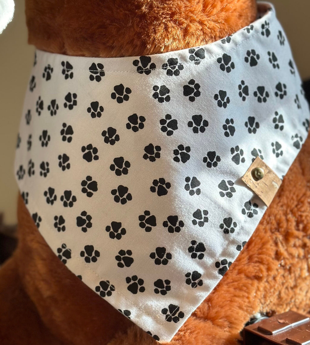 Handmade Black & White Paw Print Dog Bandana: Classic Tie-On Scarf