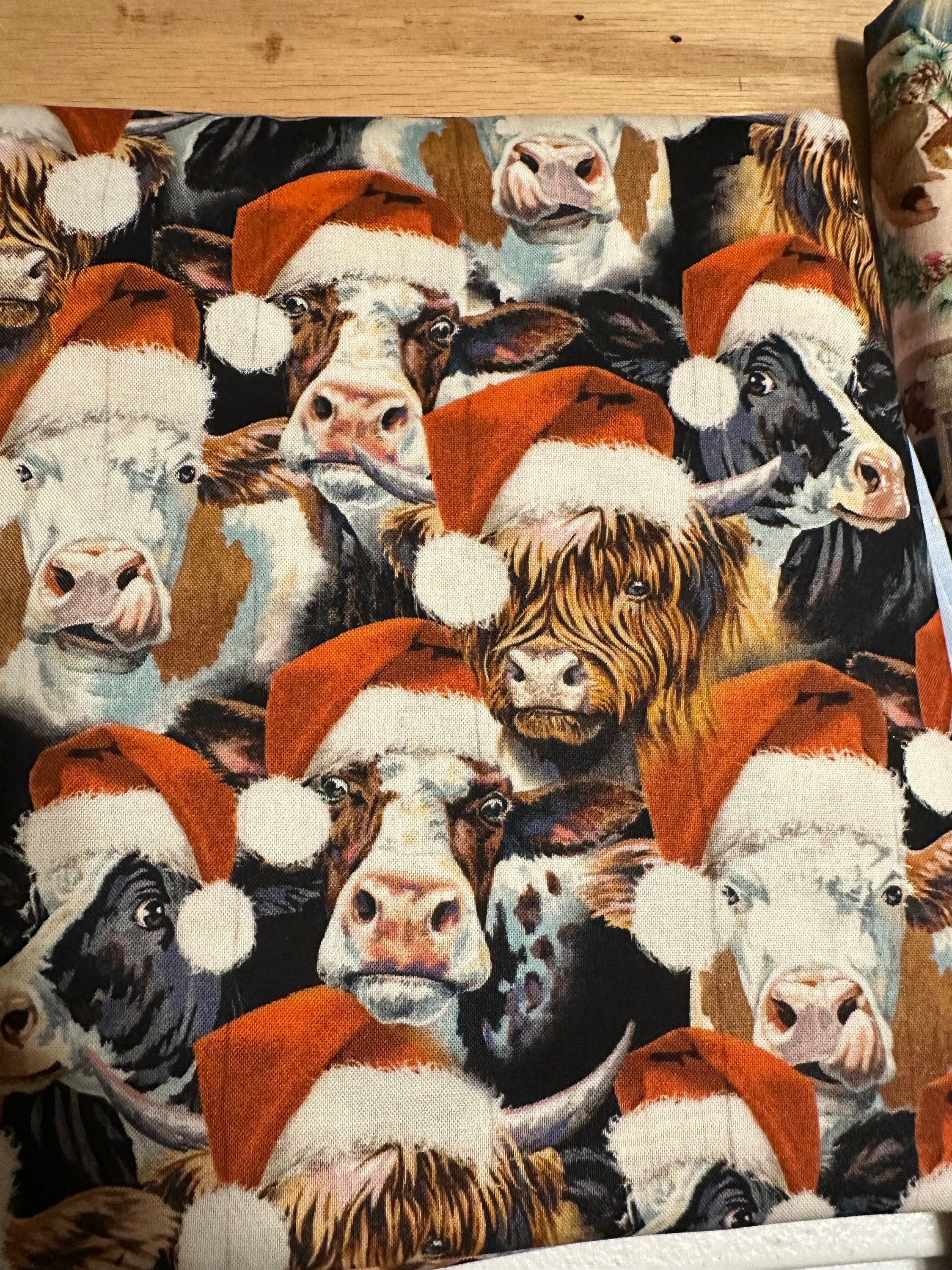Christmas Dog Bandana: Handmade Cows in Santa Hats, Tie-On Holiday Scarf