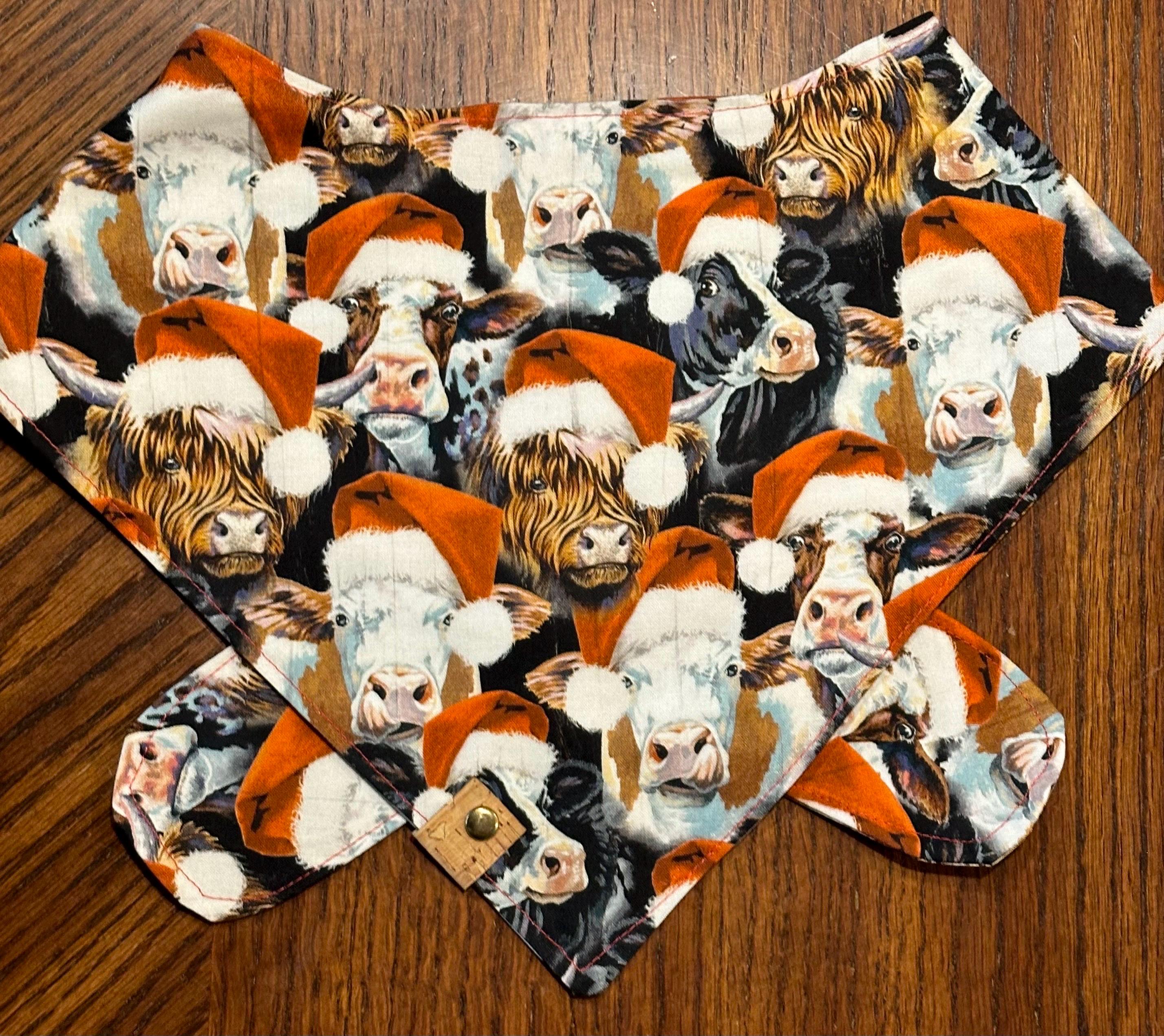 Christmas Dog Bandana: Handmade Cows in Santa Hats, Tie-On Holiday Scarf