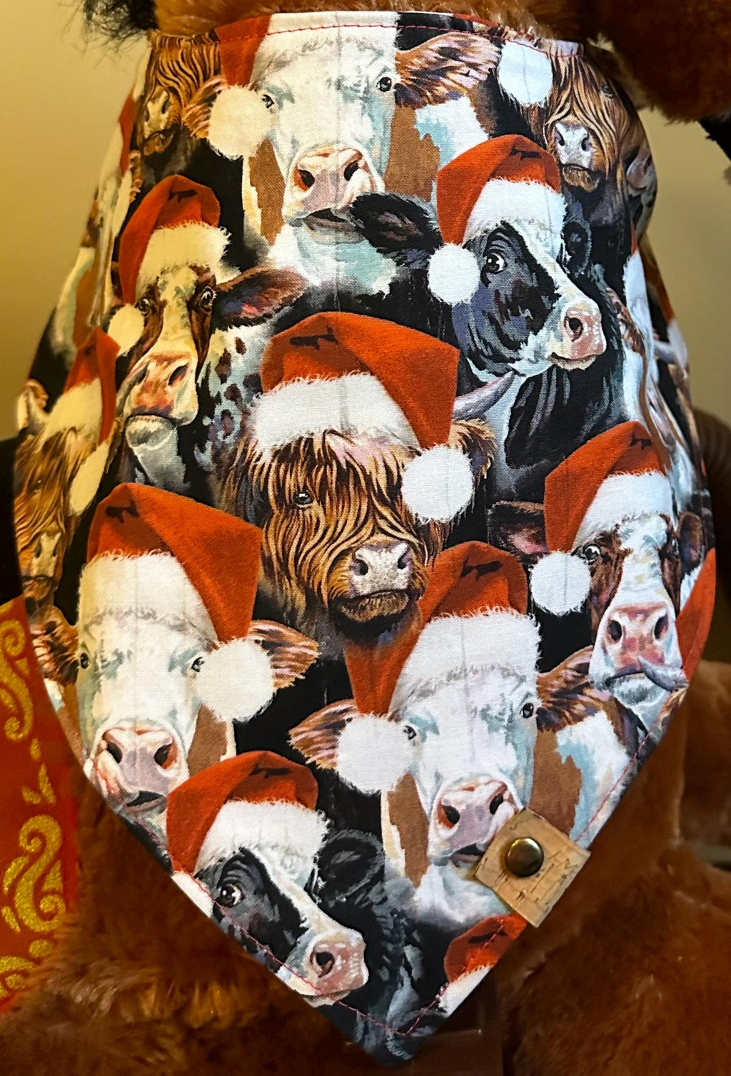 Christmas Dog Bandana: Handmade Cows in Santa Hats, Tie-On Holiday Scarf