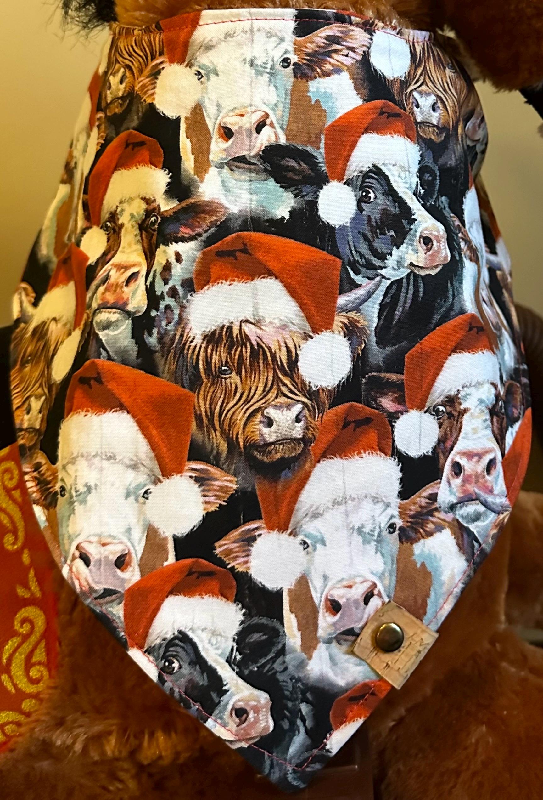 Christmas Dog Bandana: Handmade Cows in Santa Hats, Tie-On Holiday Scarf