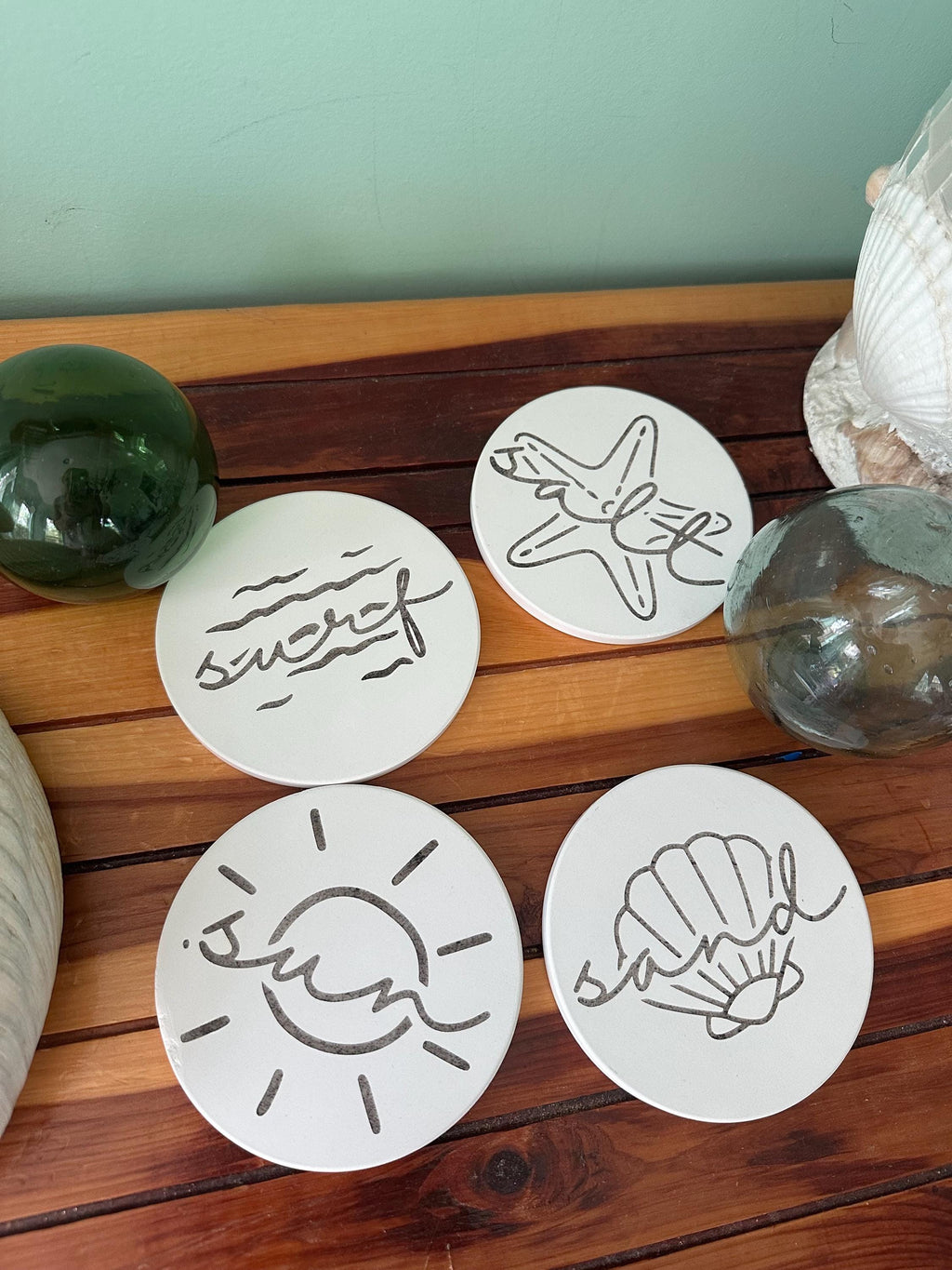 Beach Themed Ceramic Coasters: Coastal Ocean Decor, Set of 4