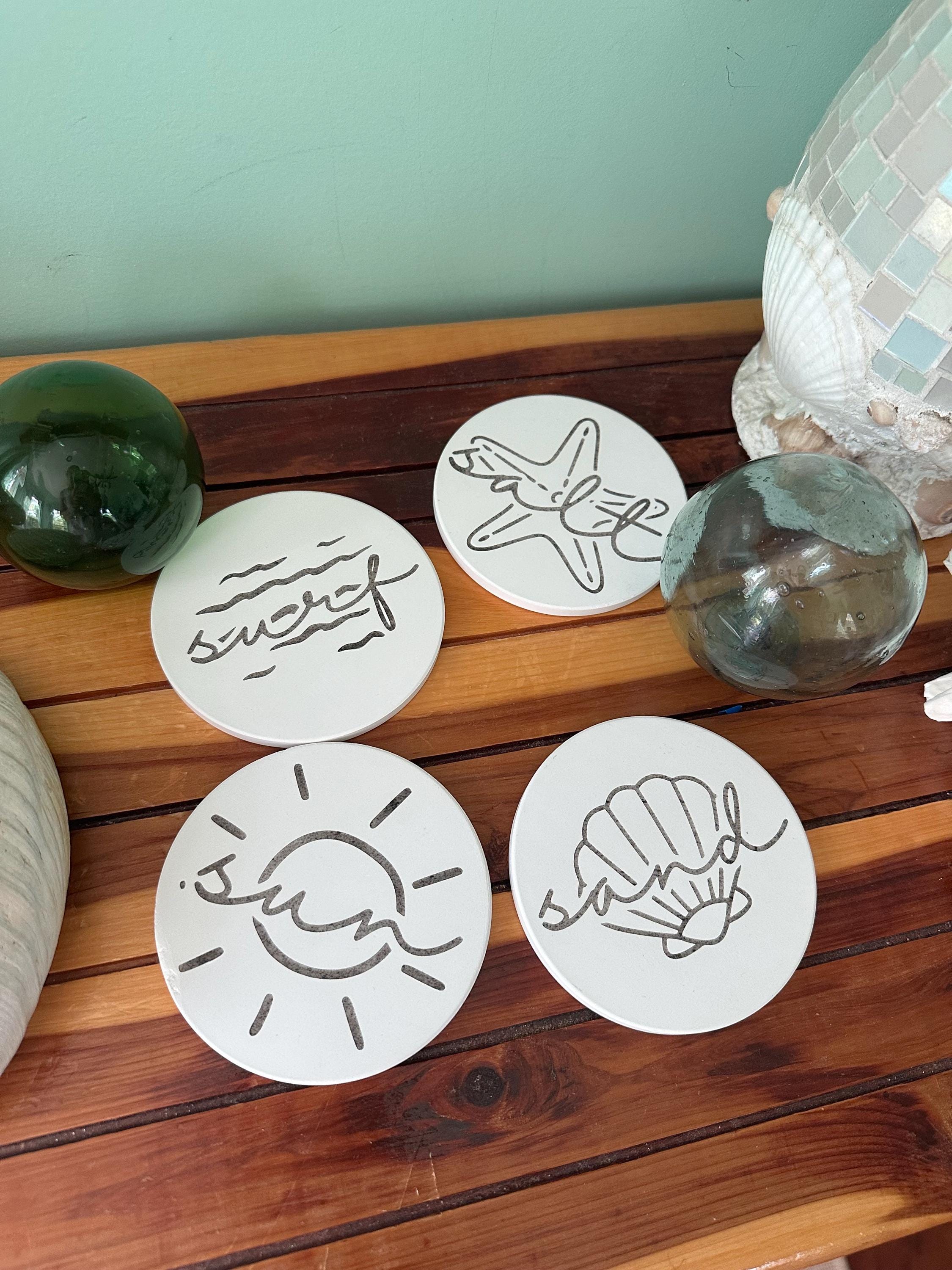 Beach Themed Ceramic Coasters: Coastal Ocean Decor, Set of 4