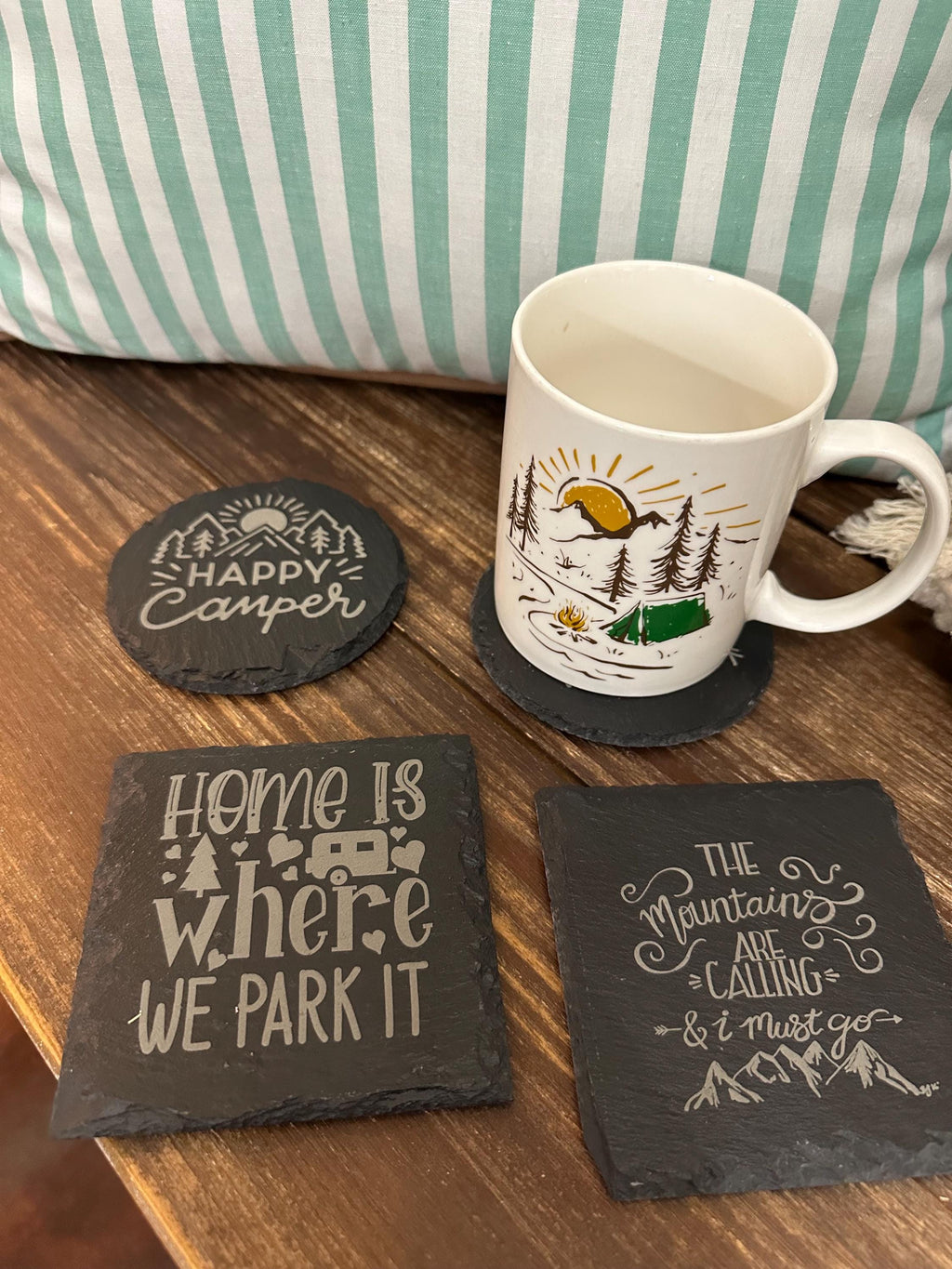 Camping Slate Coasters Set | Rustic Outdoor Drink Coasters | Adventure Cabin Decor | RV Gift