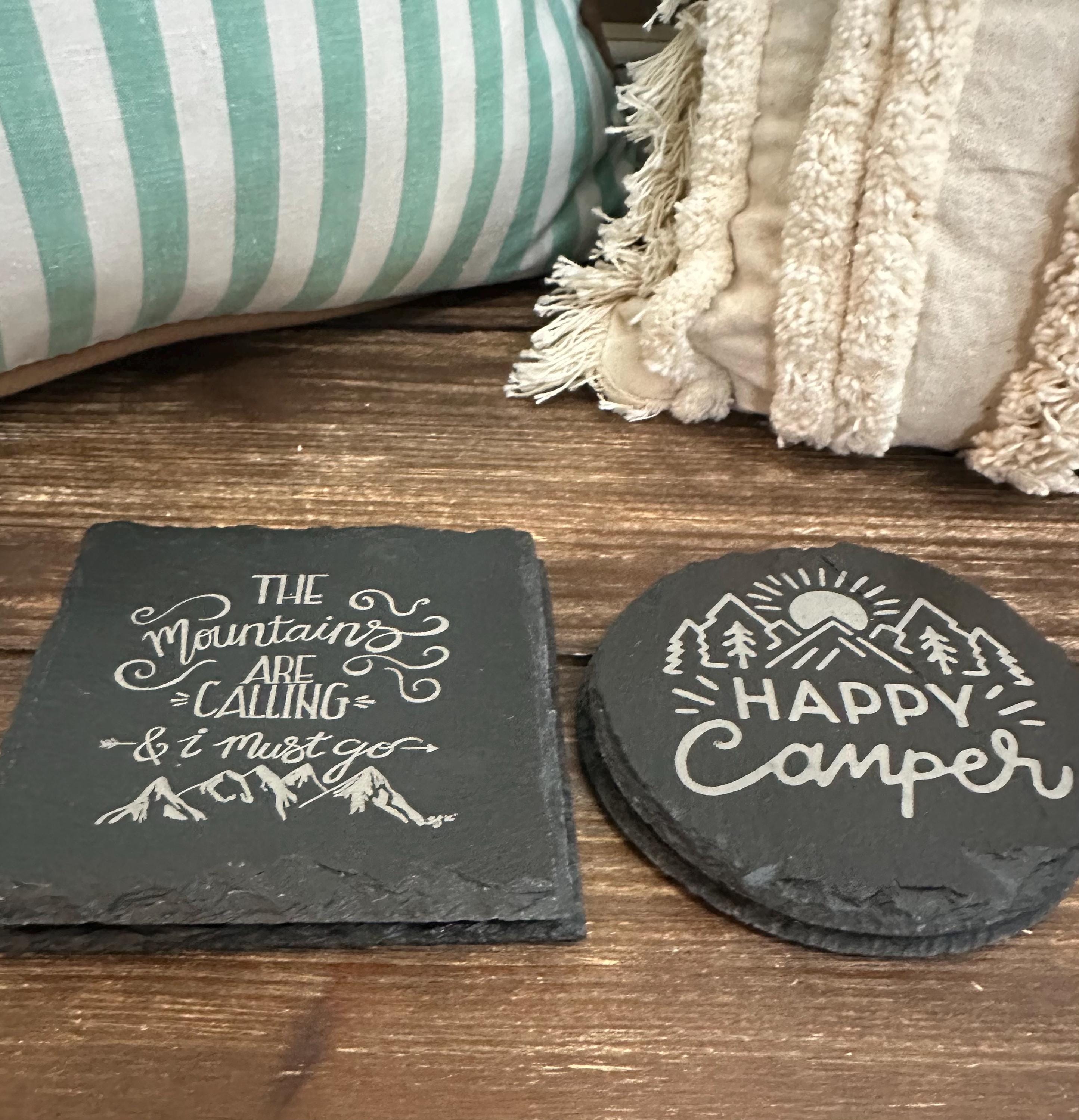 Camping Slate Coasters Set | Rustic Outdoor Drink Coasters | Adventure Cabin Decor | RV Gift