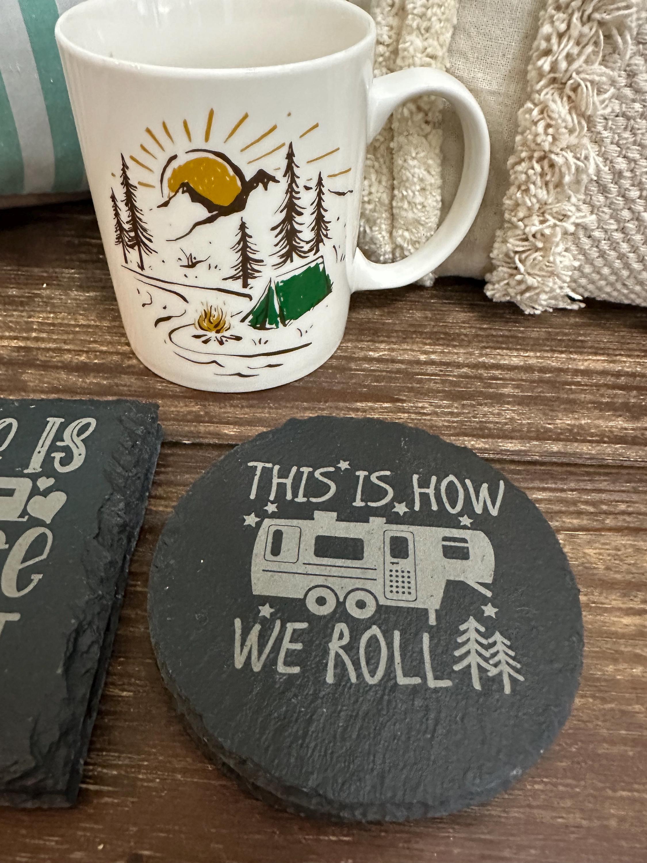 Camping Slate Coasters Set | Rustic Outdoor Drink Coasters | Adventure Cabin Decor | RV Gift