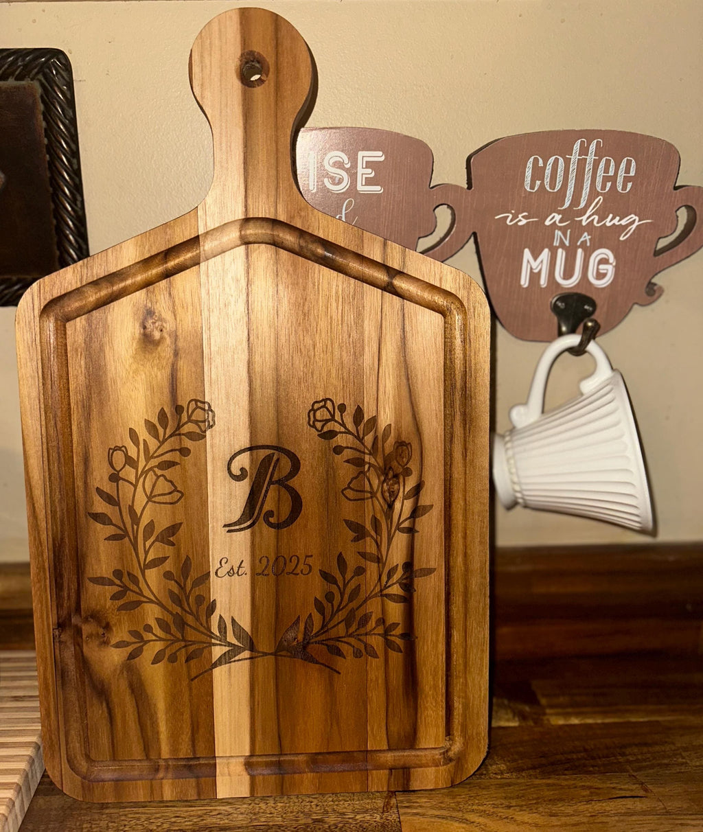 Personalized Teak Wood Cutting Board: Engraved Initial & Date