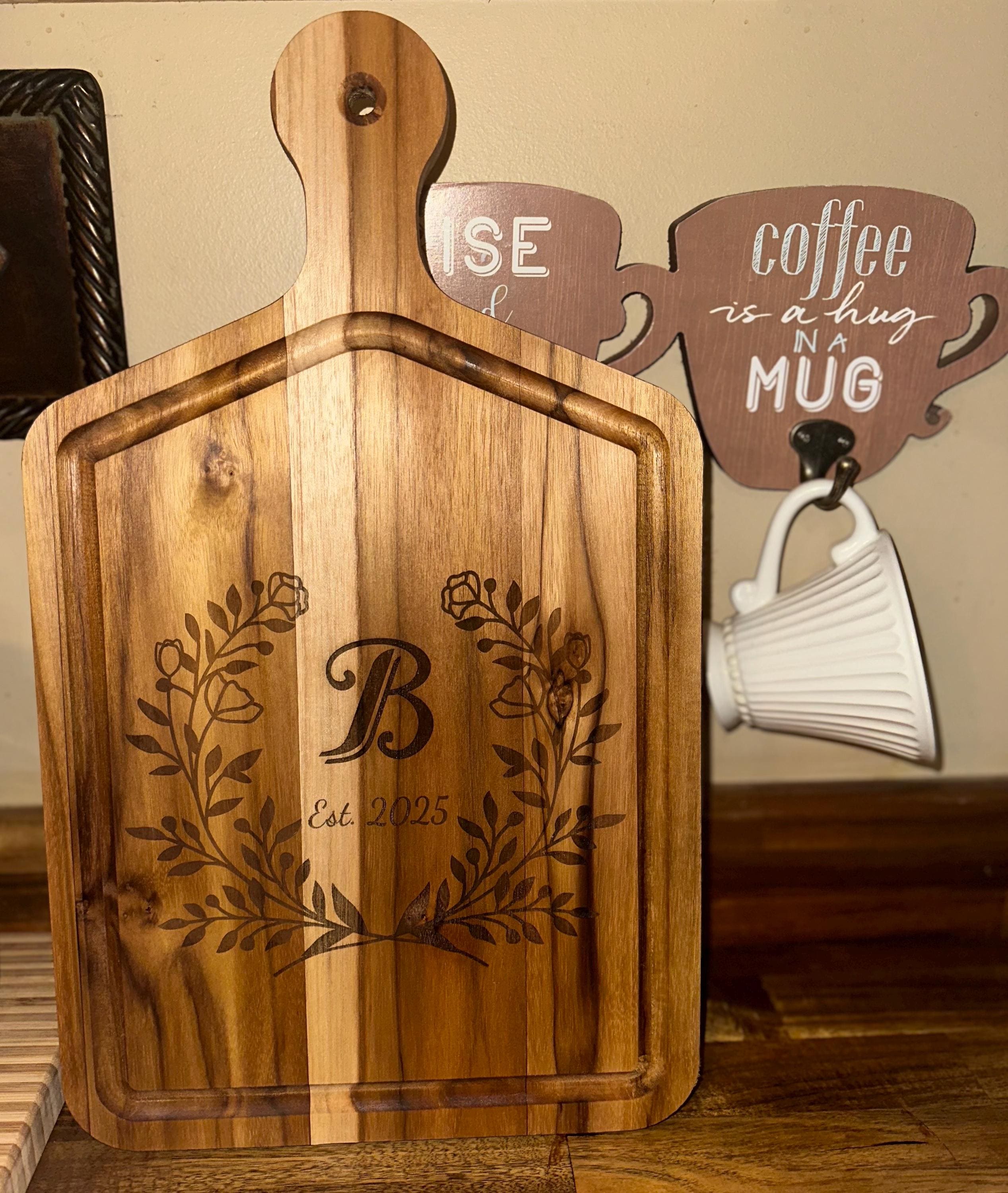 Personalized Teak Wood Cutting Board: Engraved Initial & Date