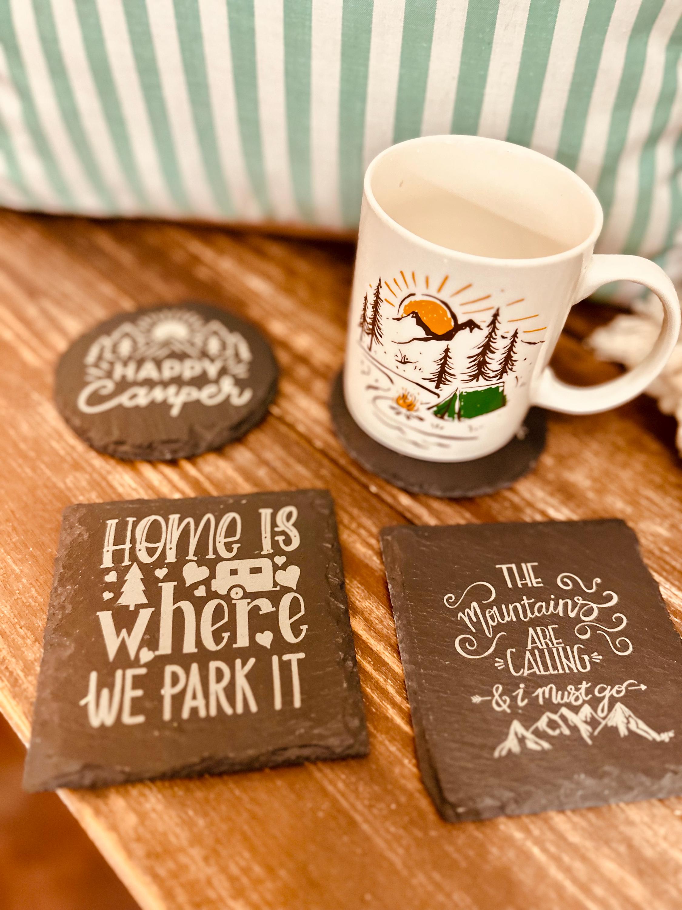 Camping Slate Coasters Set | Rustic Outdoor Drink Coasters | Adventure Cabin Decor | RV Gift