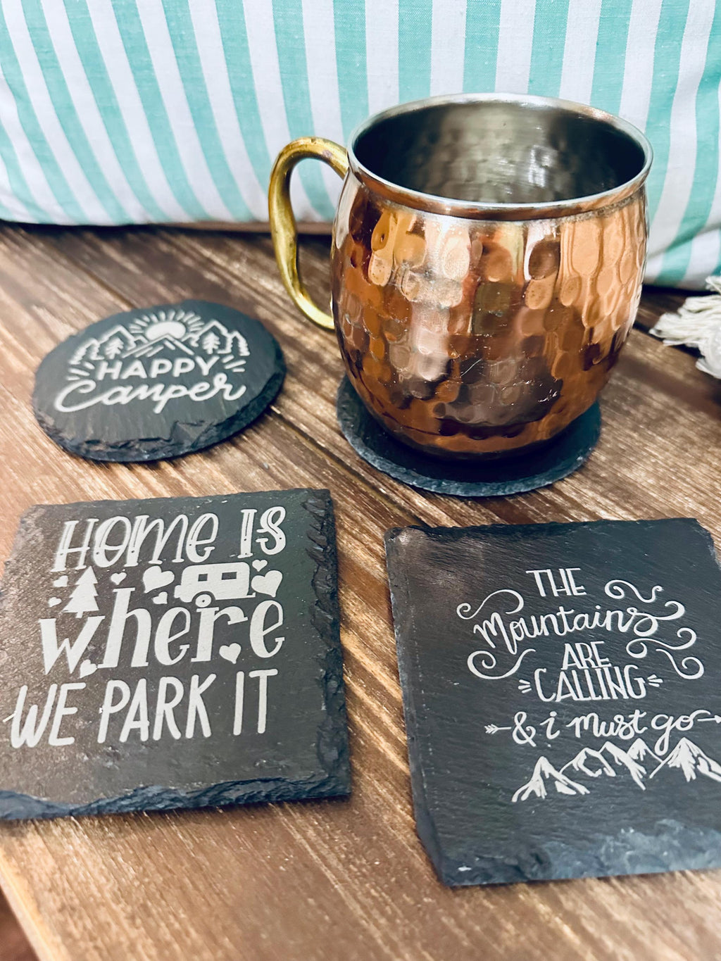 Camping Slate Coasters Set | Rustic Outdoor Drink Coasters | Adventure Cabin Decor | RV Gift