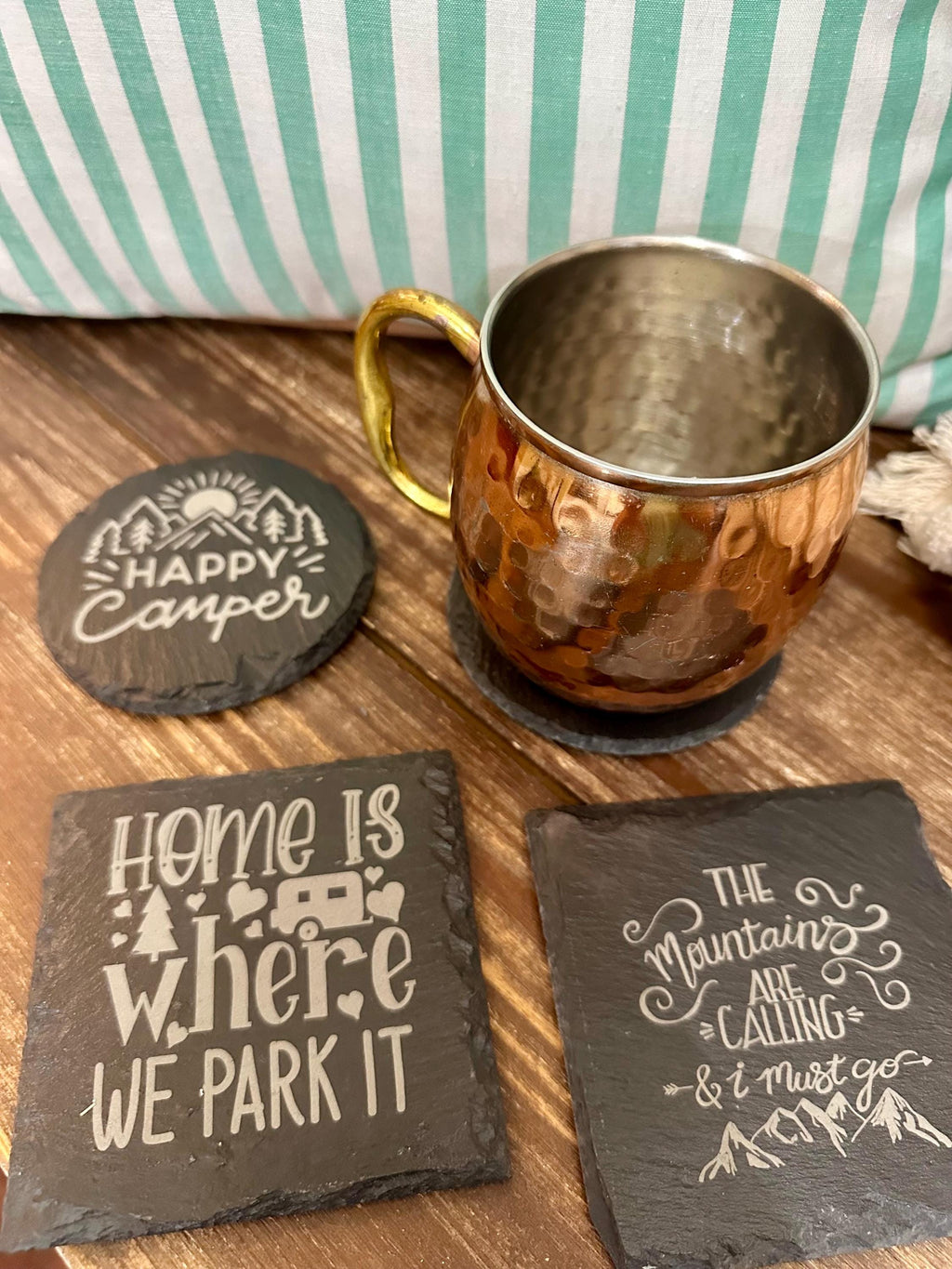 Camping Slate Coasters Set | Rustic Outdoor Drink Coasters | Adventure Cabin Decor | RV Gift