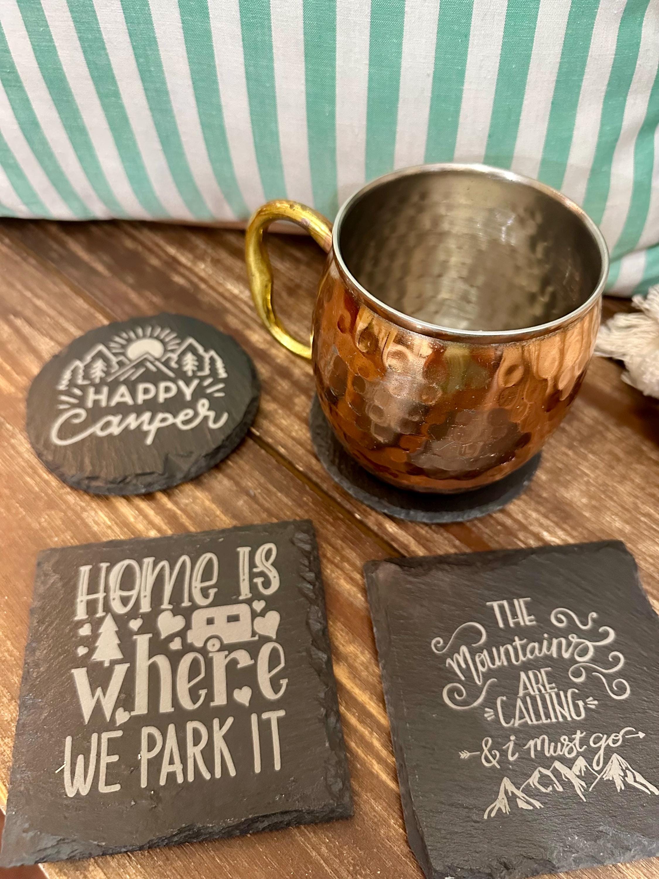 Camping Slate Coasters Set | Rustic Outdoor Drink Coasters | Adventure Cabin Decor | RV Gift