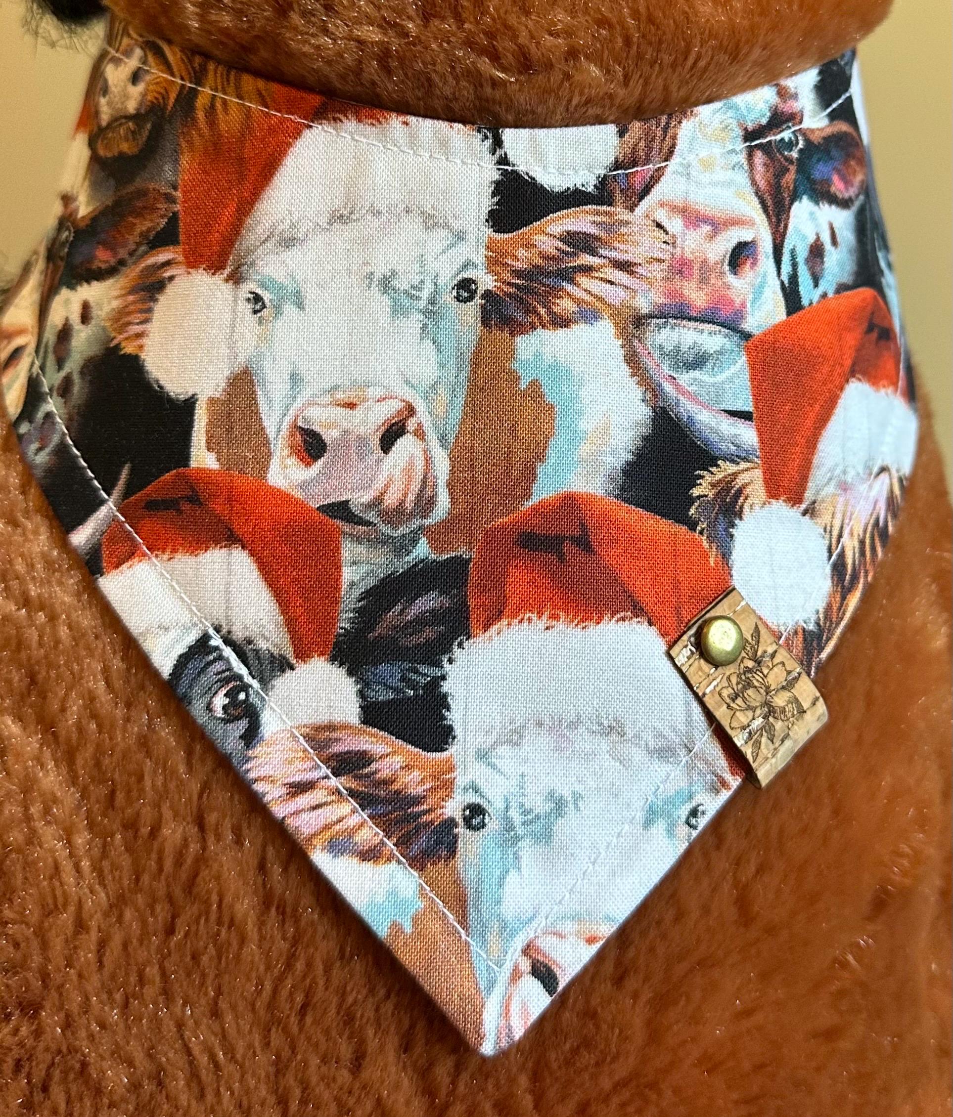 Christmas Dog Bandana: Handmade Cows in Santa Hats, Tie-On Holiday Scarf