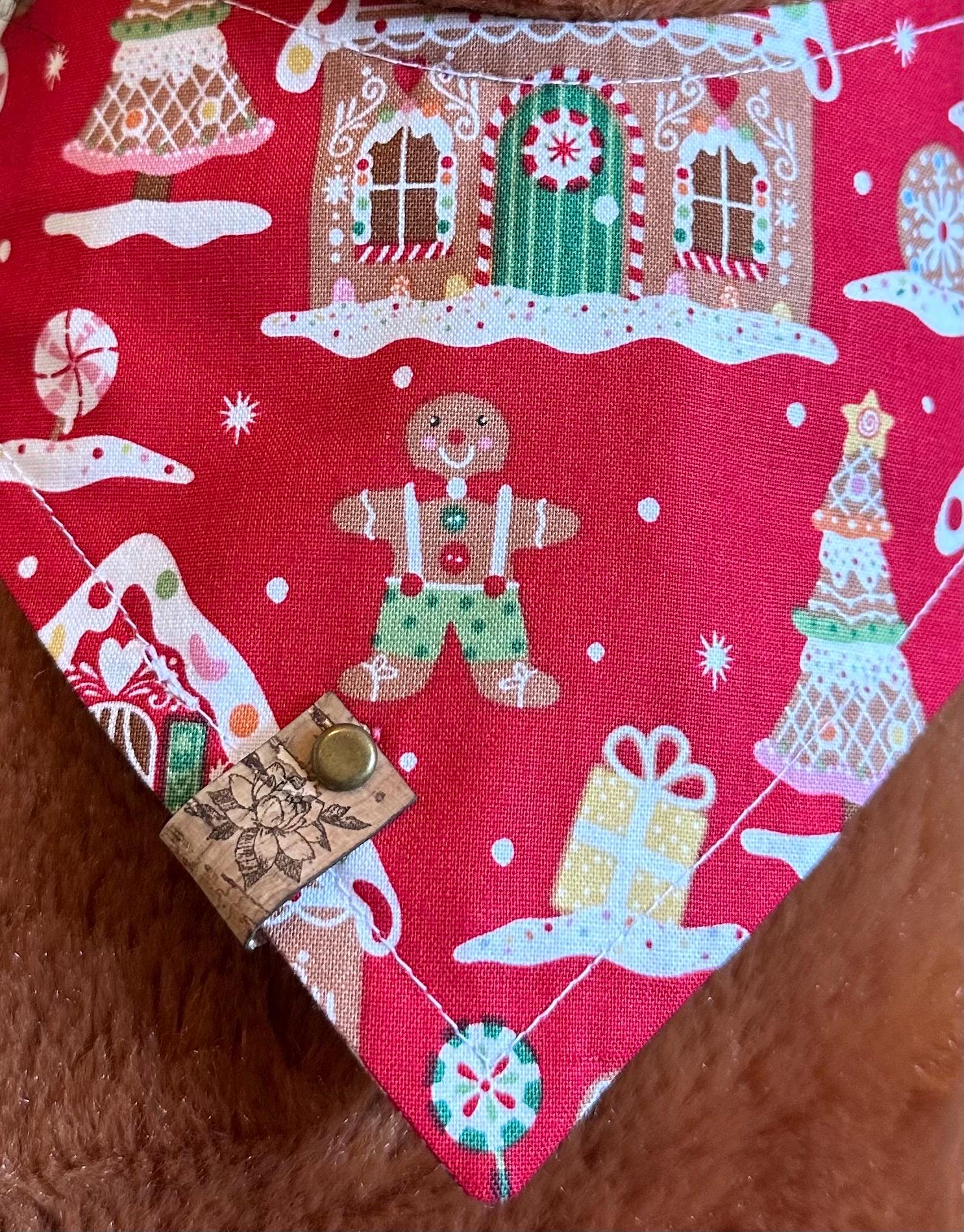 Christmas Dog Bandana – Gingerbread House Print – Handmade Tie-On Scarf for Dogs