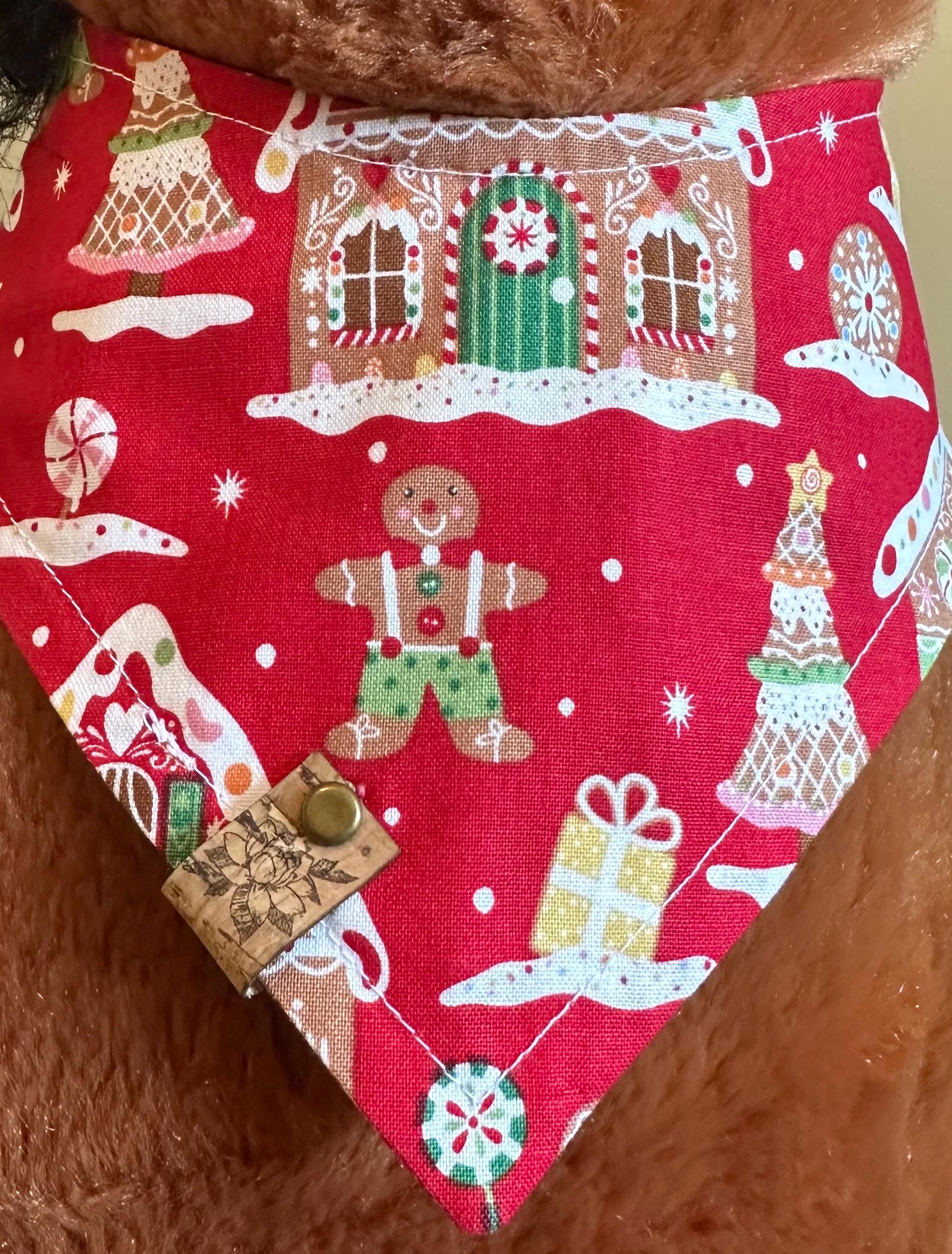 Christmas Dog Bandana – Gingerbread House Print – Handmade Tie-On Scarf for Dogs