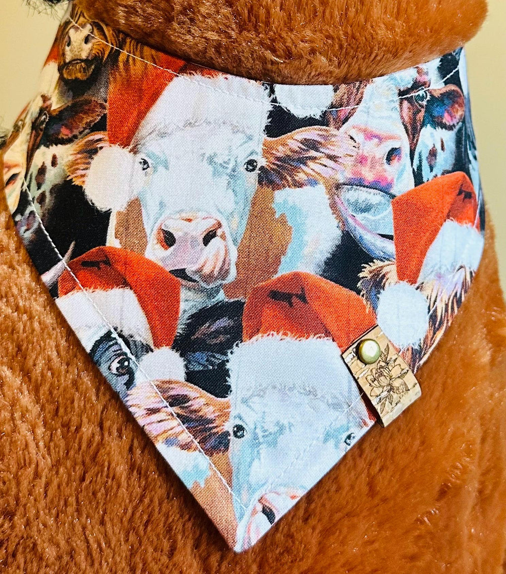 Christmas Dog Bandana: Handmade Cows in Santa Hats, Tie-On Holiday Scarf